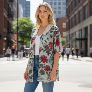 Blushing Heart Blue Floral Open Front Top
New